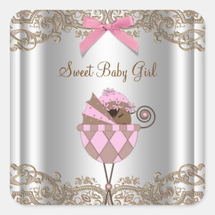 Etiqueta de Baby Shower de Cochecito Rosa Marrón