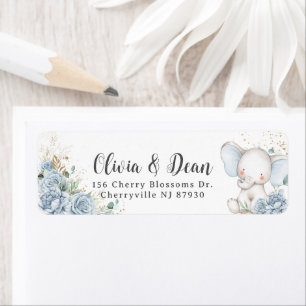 Etiqueta de Baby Shower de elefante floral azul be