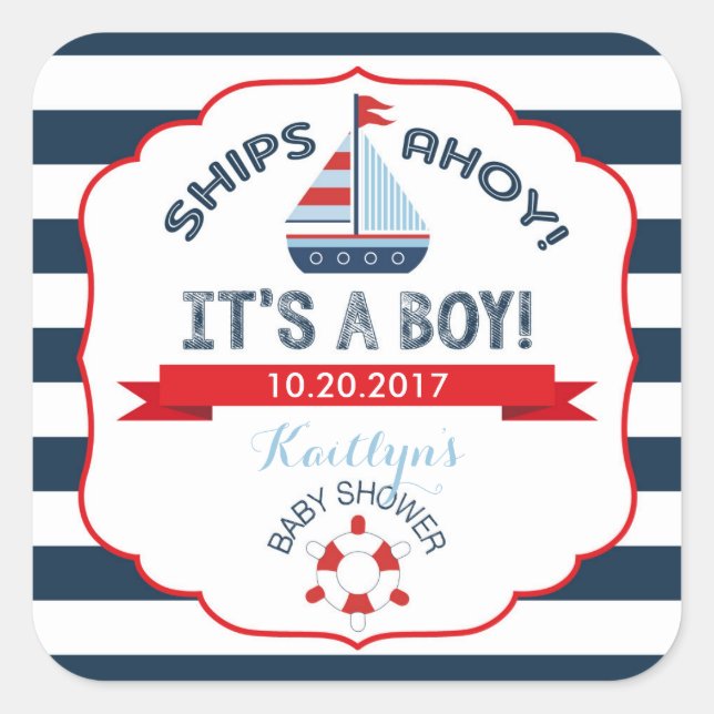 Etiqueta de Baby Shower Nautical Red Boy (Anverso)