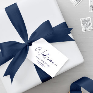 Etiqueta de bienvenida blanca con flores azules po