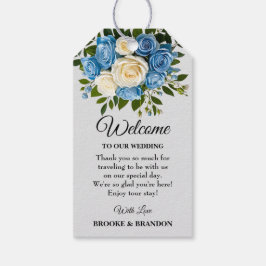 Etiqueta de bienvenida floral azul y blanca