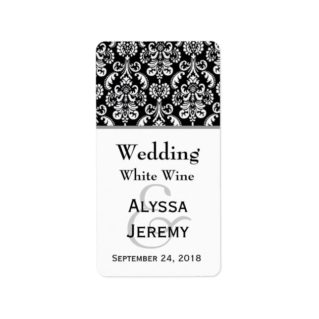 Etiqueta de Boda blanco y negro Damask Mini Wine (Frente)