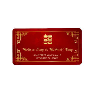 Etiqueta de Boda China Roja Dorada