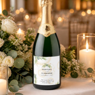 Etiqueta de boda con esferas doradas y botánica