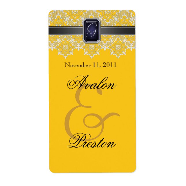 Etiqueta de Boda con joyas de encaje amarillo y ne (Frente)