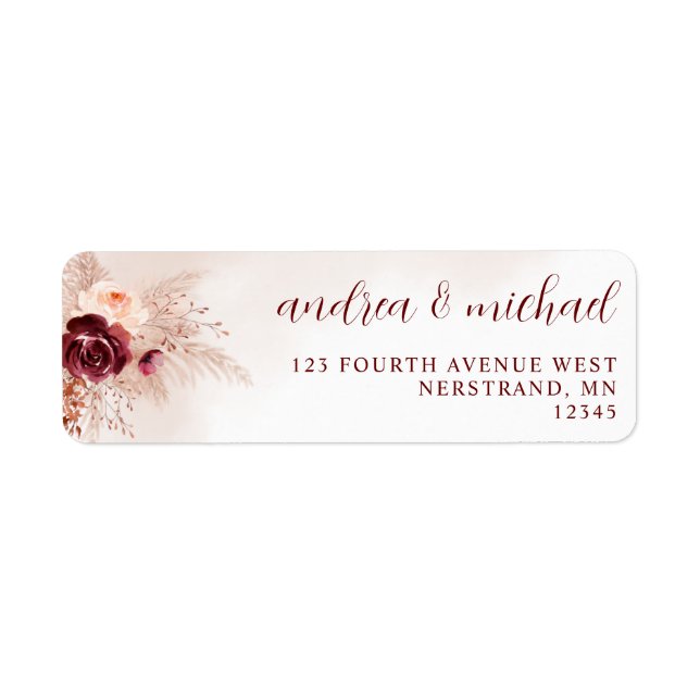 Etiqueta de Boda de Boho Pampas Grass Burgundy Ros (Frente)