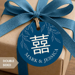 Etiqueta de boda de felicidad doble azul minimalis