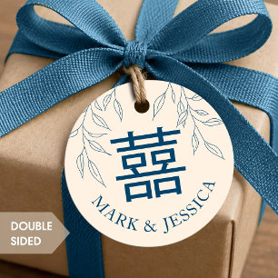 Etiqueta de boda de felicidad doble azul minimalis