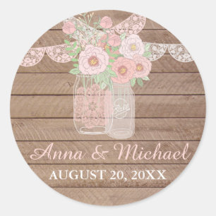Etiqueta de boda de frasco de Mason y madera Chic