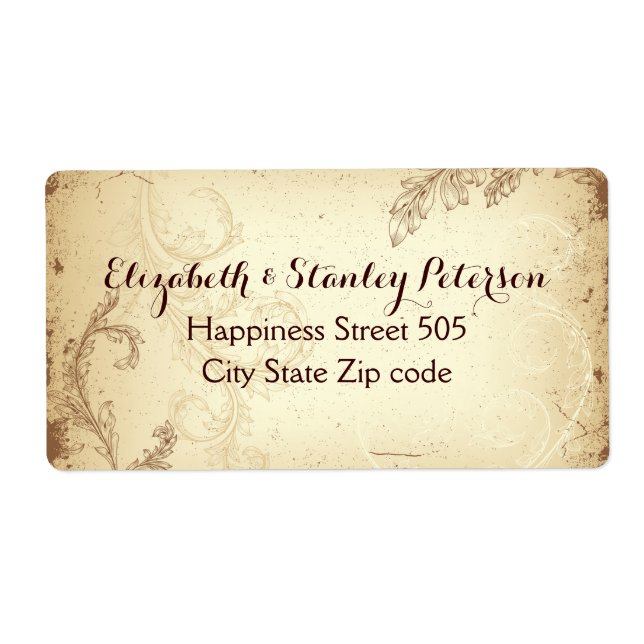 Etiqueta de boda de hoja de pergamino marrón marró (Frente)