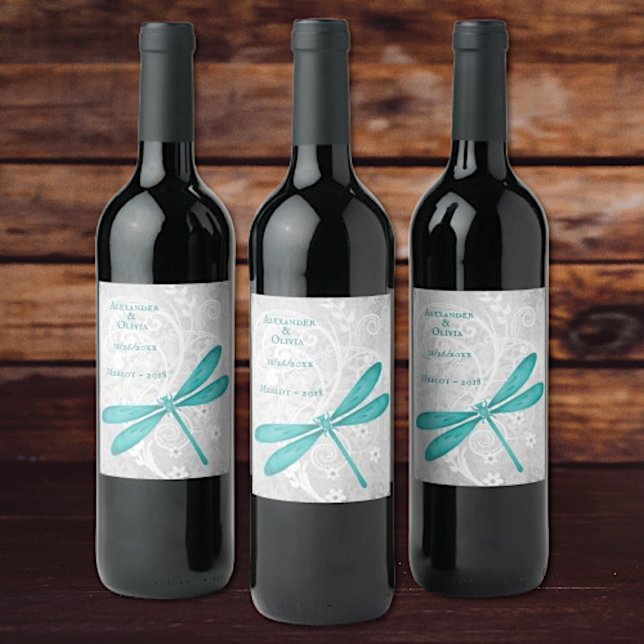 Etiqueta de Boda de la libélula verde azulada (Teal Dragonfly Wedding Wine Label)