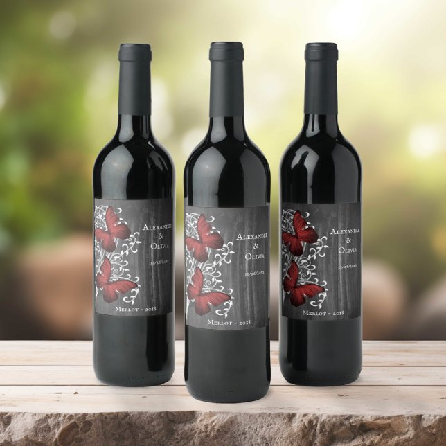 Etiqueta de Boda de mariposa roja rusa (Red Rustic Butterfly Wedding Wine Label)