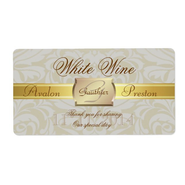 Etiqueta de Boda de oyster Damask Gold Monogram (Frente)