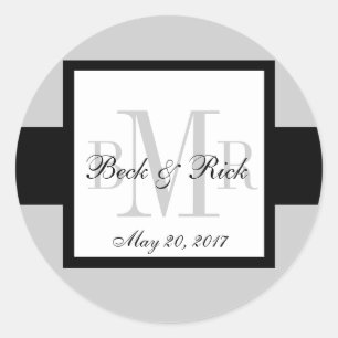 Etiqueta de Boda de tres monogramas gris negro