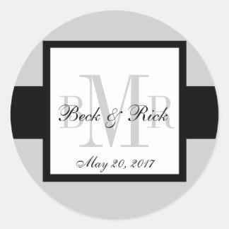 Etiqueta de Boda de tres monogramas gris negro