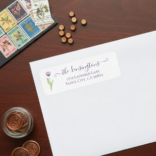 Etiqueta de Boda de tulipano simple púrpura minima