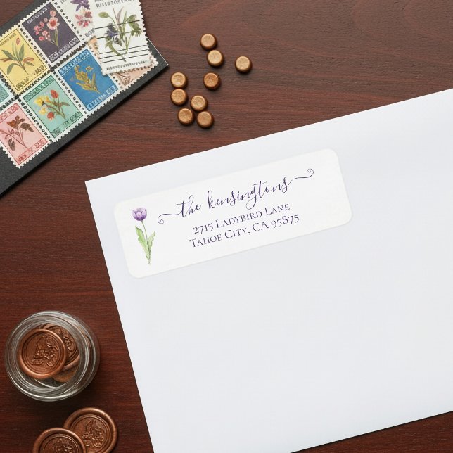 Etiqueta de Boda de tulipano simple púrpura minima (Minimalist Deep Purple Single Tulip Return Address Labels)