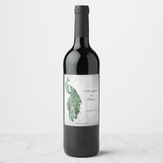 Etiqueta de Boda de vino de Emerald Green Peacock (Anverso)