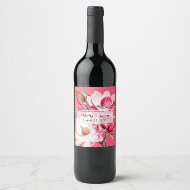 Etiqueta de Boda de vino de Magnolias rosadas (Anverso)