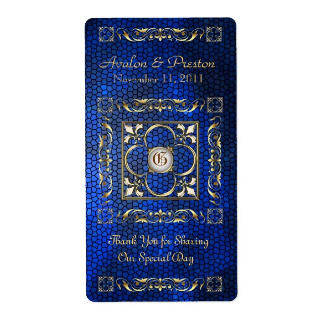 Etiqueta de Boda de Vino de Vidrio Azul Emperador (Frente)