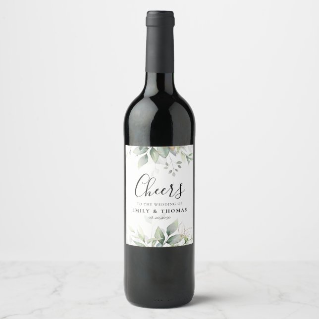 Etiqueta de Boda de vino Eucalyptus Leaf Greenery (Anverso)