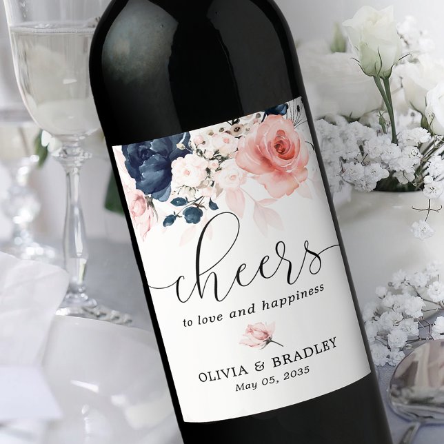 Etiqueta de boda floral azul marino y rosa negro (Subido por el creador)