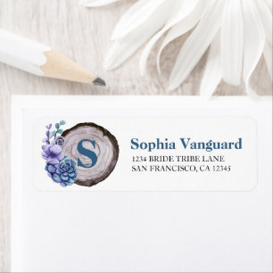 Etiqueta de Boda floral de color azul de madera de