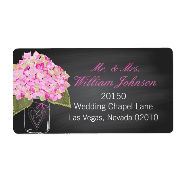 Etiqueta de Boda rosa Hydrangea Jar Chalkboard (Frente)