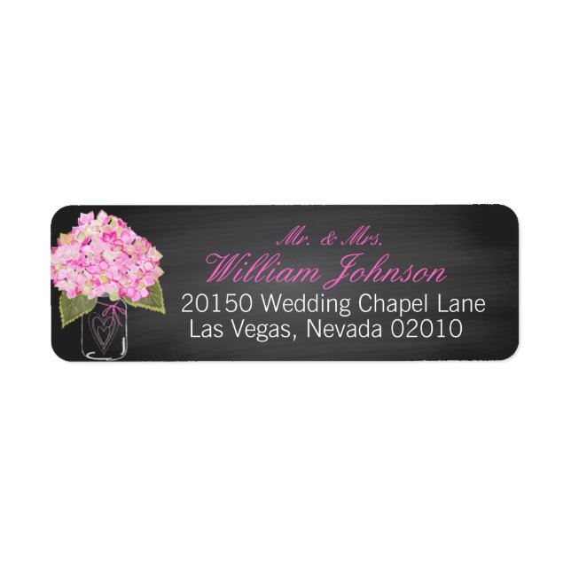 Etiqueta de Boda rosa Hydrangea Jar Chalkboard (Frente)