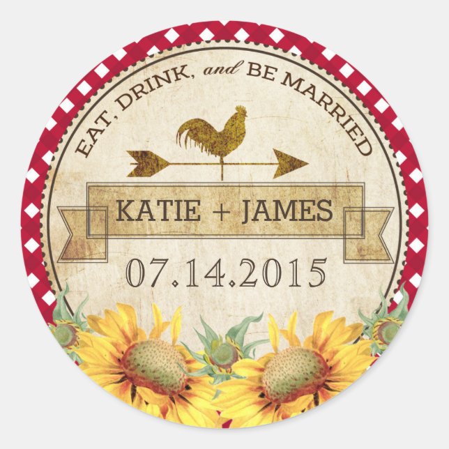 Etiqueta de Boda Rústico de gallo de girasol (Anverso)
