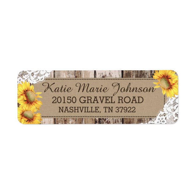 Etiqueta de Boda Rústico de Sunflowers Wood Lace (Frente)
