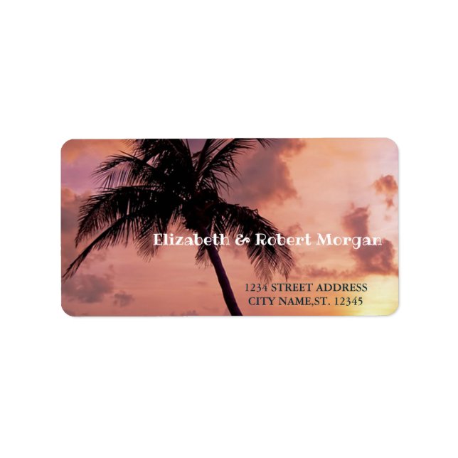 Etiqueta de Boda Tropical Beach Palm Sunset (Frente)