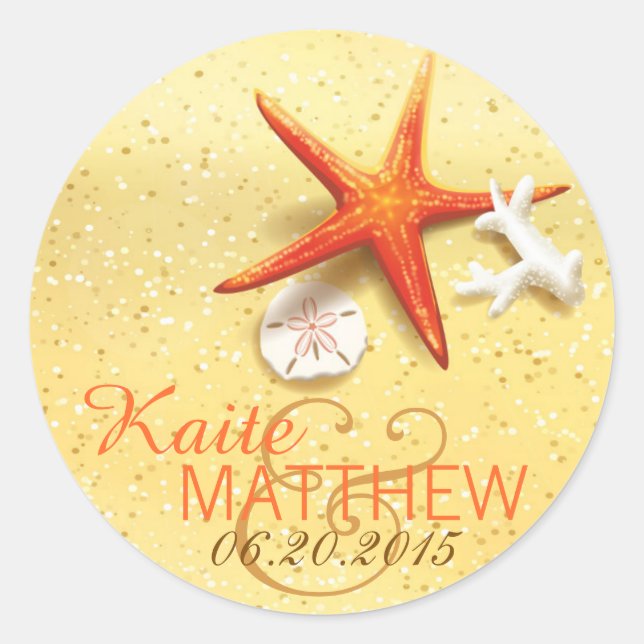 Etiqueta de bodas de destino de la playa de concha (Anverso)