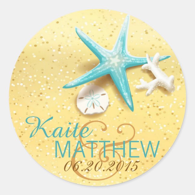 Etiqueta de bodas de destino de la playa de concha (Anverso)