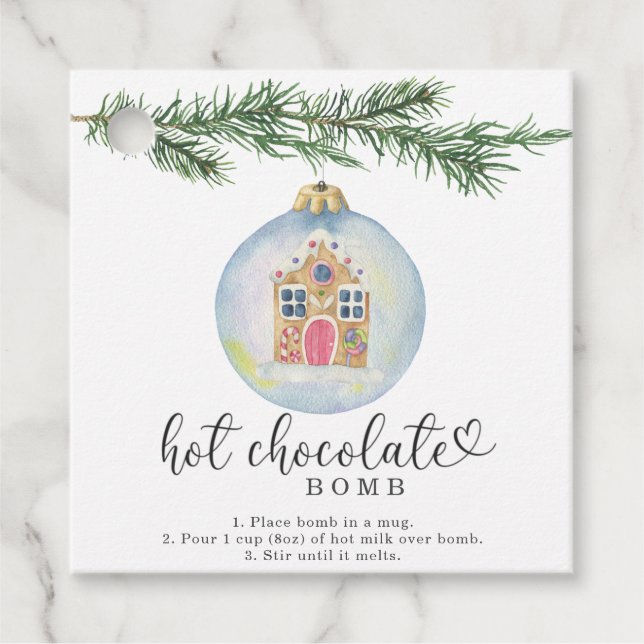 Etiqueta de bomba de chocolate caliente. invierno  (Anverso)