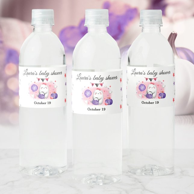 Etiqueta de botella de agua rosa Baby Shower Chica (Halloween Girl Baby Shower Pink Water Bottle Label)