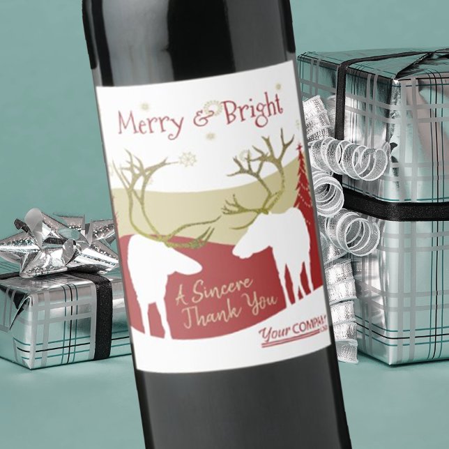 Etiqueta de botella de borgoña para ferry y festiv (company Christmas logo wine labels, corporate holiday stickers, rustic elk antlers red burgundy gold)