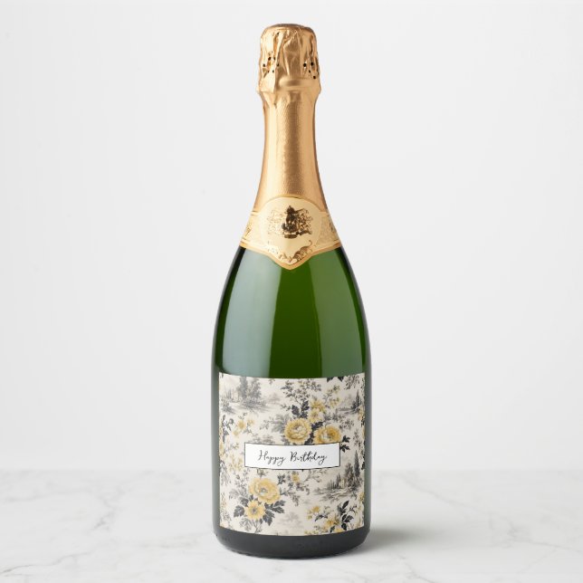 etiqueta de botella de champán con flores amarilla (Anverso)