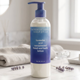Etiqueta de botella de cosméticos azul y púrpura a