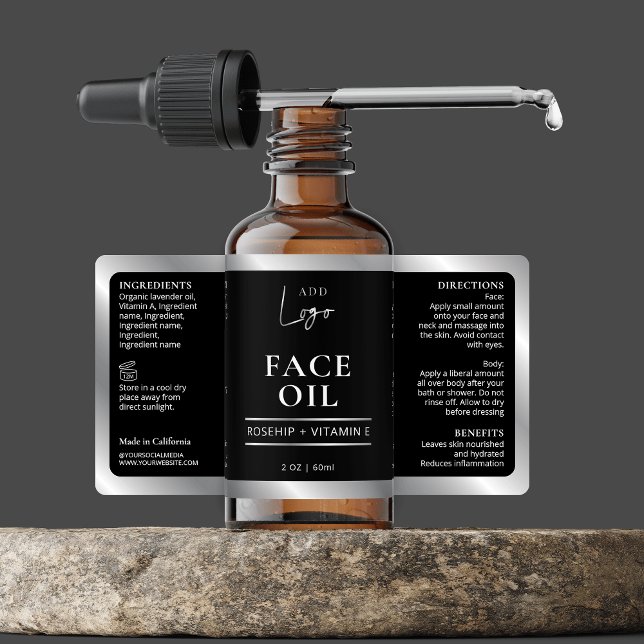 Etiqueta de Botella de Cuidados de la Piel Cosméti (Elegant black and silver 2 OZ dropper bottle *verify size* wrapper style label with your custom logo)