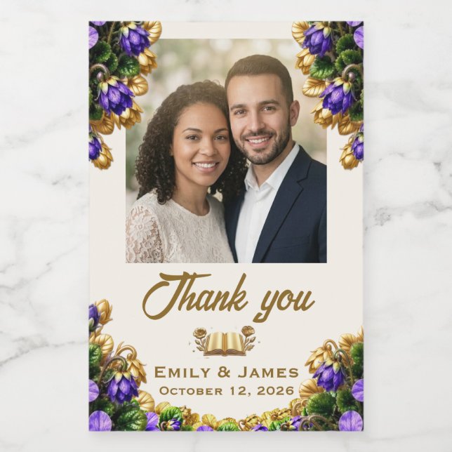 Etiqueta de Botella de Foto de Boda Violeta de Nue (Etiqueta única)