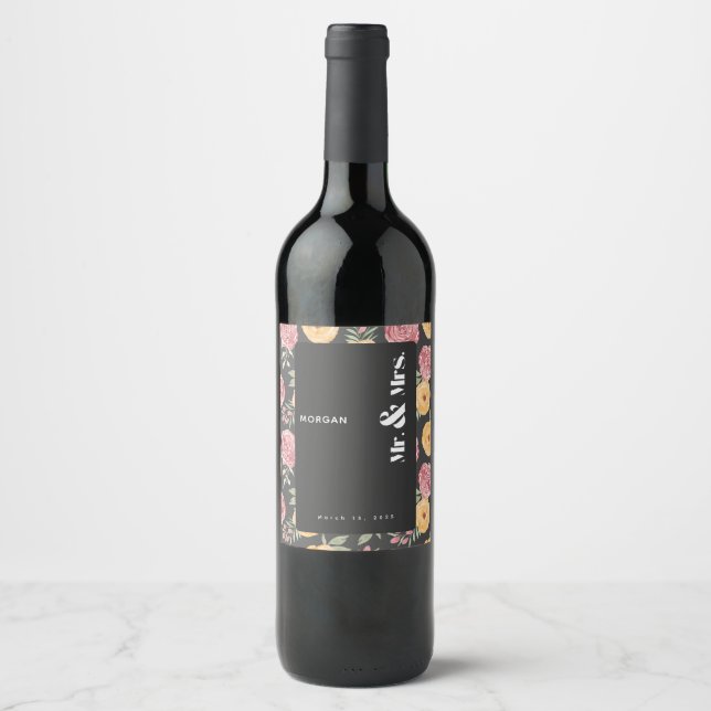 Etiqueta de botella de vino de flores negras para  (Anverso)
