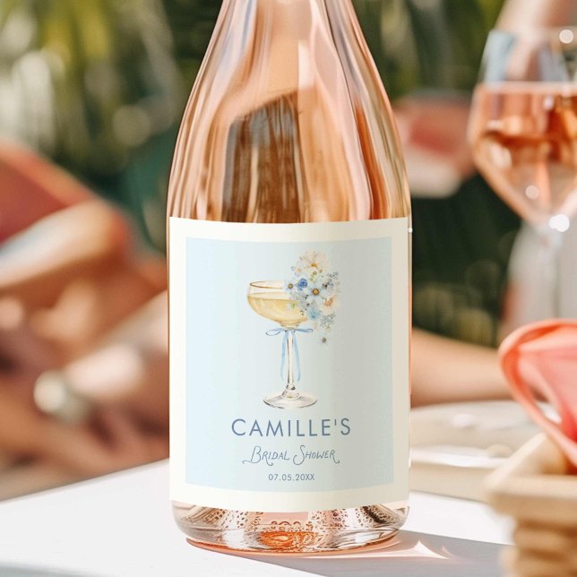 Etiqueta de botella de vino para desayuno nupcial  (Blue Bubbly Bridal Brunch Wine Label )