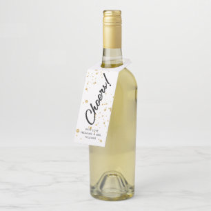 Etiqueta de botella dorada Cheers con letra manusc