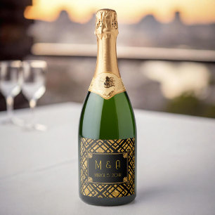 Etiqueta de botellas de vino Boda Art Deco negro y