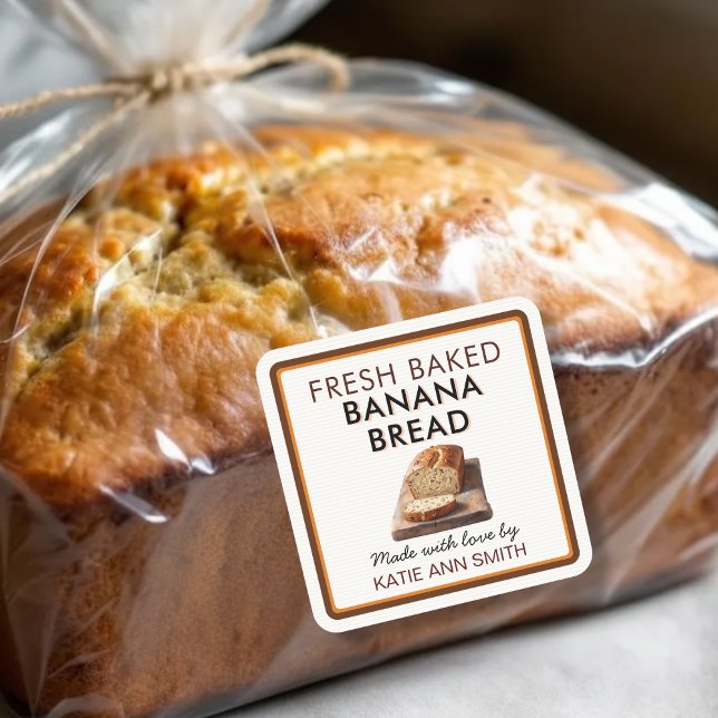 Etiqueta de Calcomanía Cuadrada de Pan de Plátano  (Fresh baked homemade banana bread loaf label stickers for bakery packaging)