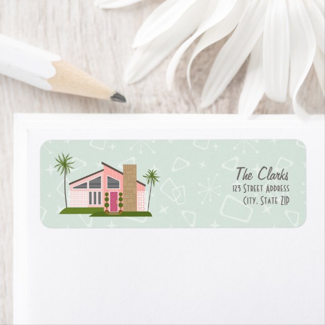 Etiqueta de casa rosa retro de medio siglo (In situ)