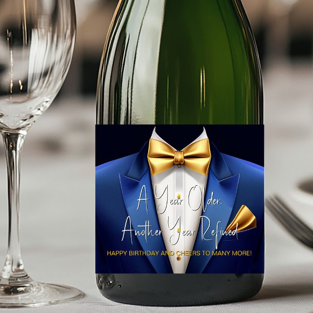 Etiqueta de Champagne de Cumpleaños Esmoquin Azul  (Tuxedo champagne labels. Personalize with your text, logo, image, etc., for your event.)