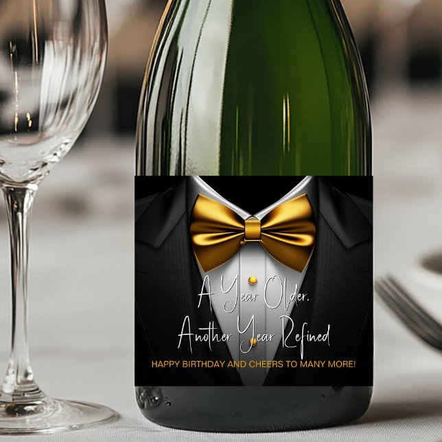 Etiqueta de Champagne de Cumpleaños Tuxedo Negro O (Tuxedo champagne labels. You can change the text, upload your logo, photo, etc., to personalize.)