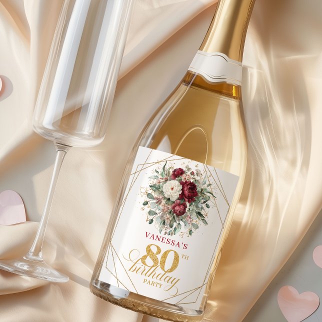 Etiqueta de Champagne para 80 cumpleaños Burgundy  (Rustic Blush Burgundy 80th Birthday Champagne Labels)
